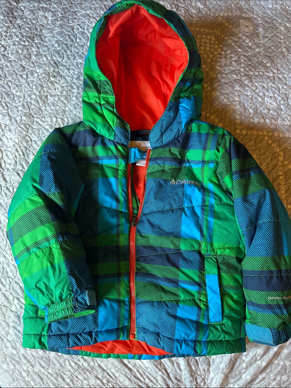 Columbia Green and Blue Plaid Kids Hooded Puffer Jacket with Orange Lining 8261